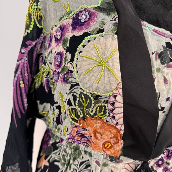 La Cera Womens Top M Black Floral Beaded Embroidered Asymmetrical Hemline Witchy - Picture 6 of 8